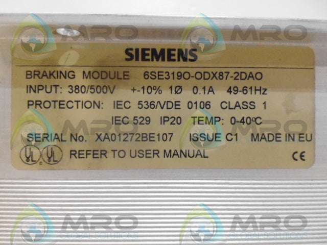 SIEMENS 6SE3190-0DX87-2DA0 BRAKING MODULE *USED*
