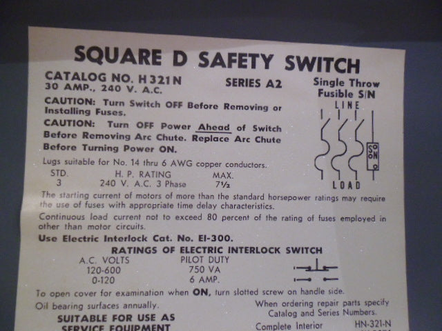 SQUARE D H321N SER A2 SAFETY SWITCH (AS PICTURED) *NEW NO BOX*