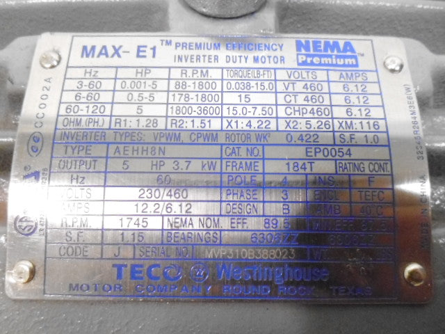 TECO WESTINGHOUSE AEHH8N MOTOR 5 HP 1745 RPM *NEW NO BOX*