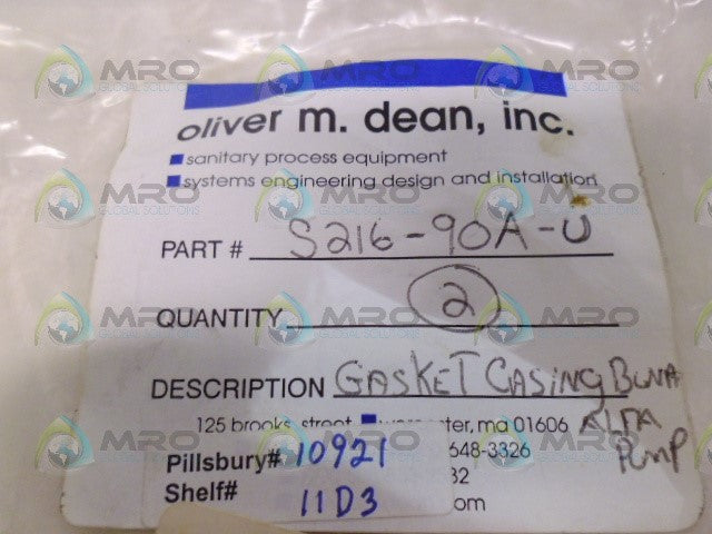 OLIVER M. DEAN S216-90A-U GASKET CASTING BUNA ALPHA PUMP *NEW NO BOX*