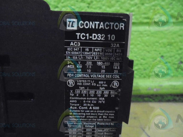 TC CONTACTOR TC1D3210 W6 CONTACTOR *NEW IN BOX*
