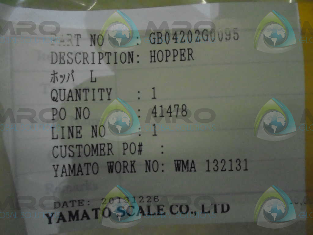 YAMATO SCALE CO. LTD GB04202G0095 HOPPER *NEW IN BOX*
