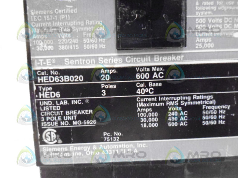 SIEMENS HED63B020 CIRCUIT BREAKER *NEW IN BOX*