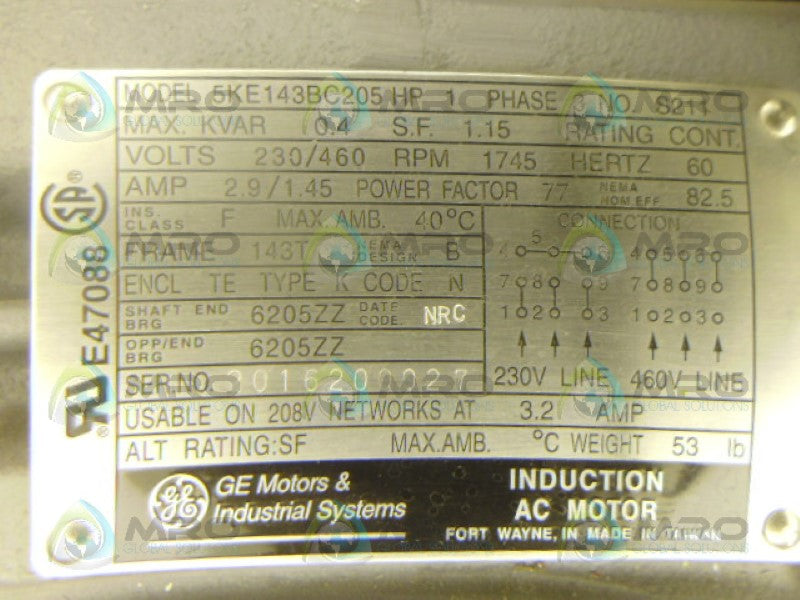 GENERAL ELECTRIC 5KE143BC205 MOTOR 1HP 1745RPM *NEW NO BOX*