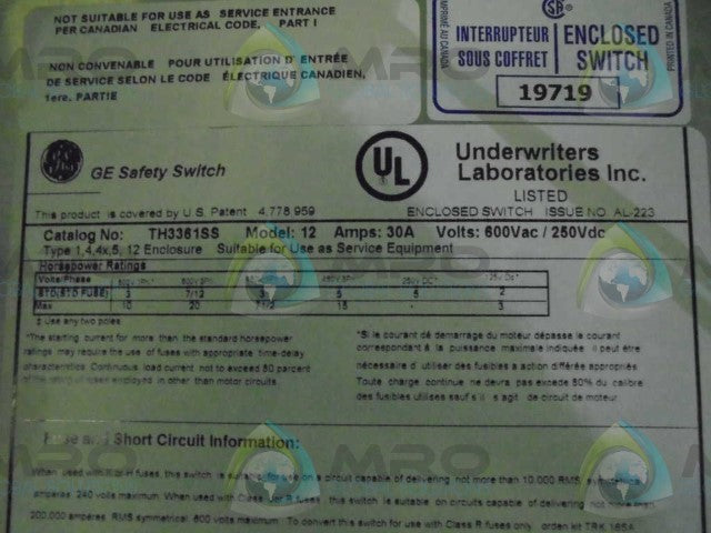GENERAL ELECTRIC TH3361SS 30A 600AC/250VDC *NEW IN BOX*