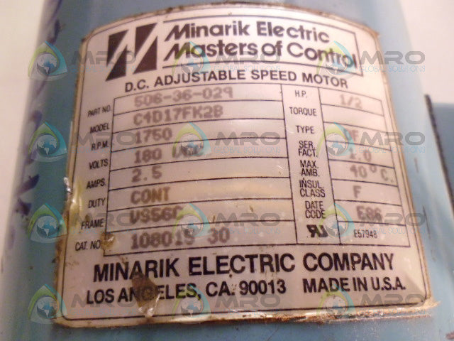 MINARIK 506-36-027 DC ADJUSTABLE SPEED MOTOR 1/2HP 1750RPM *USED*