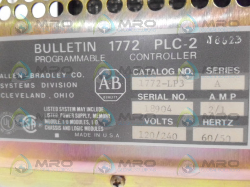 ALLEN BRADLEY 1772-LP3 SER A PROGRAMMABLE CONTROLLER w/ KEY *USED*