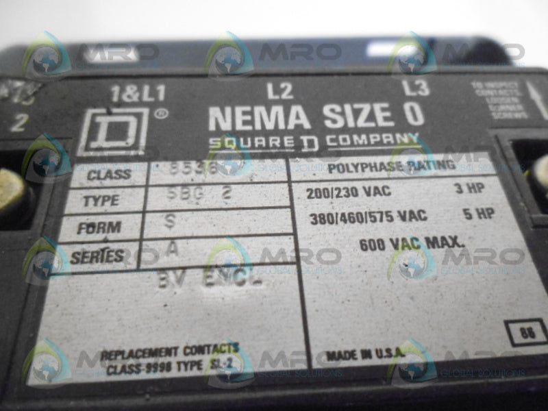 SQUARE D 8536-SBG2S MOTOR STARTER (AS PICTURED) *USED*