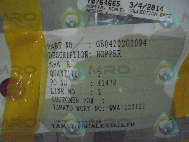 YAMATO SCALE CO. LTD GB04202G0094 HOPPER *NEW IN BOX*