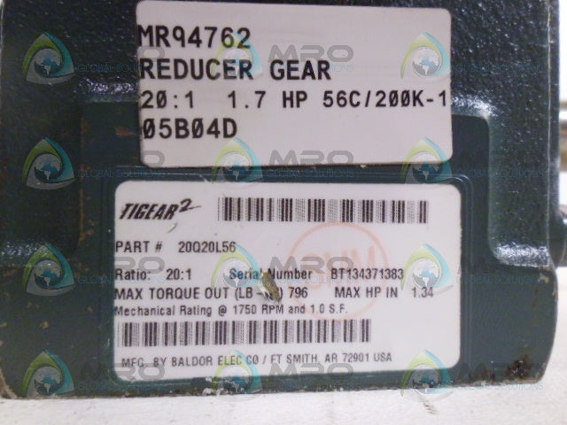 TIGEAR2 20Q20L56 GEAR REDUCER RATIO 20:1 *USED*