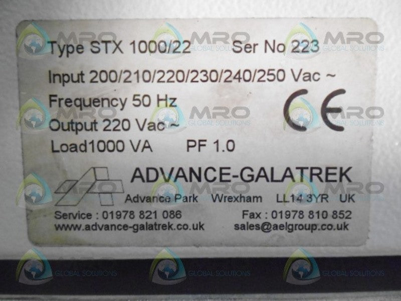 ADVANCE-GALATREK STX1000/22 POWER SUPPLY *USED*