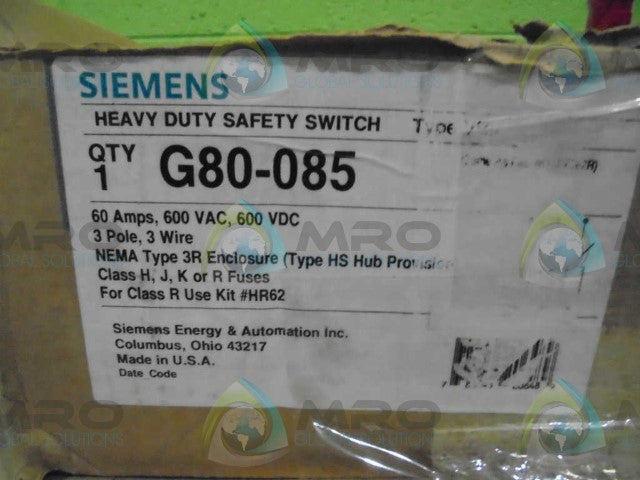 SIEMENS G80-085 (HF362R TYPE VB11) HEAVY DUTY SAFTEY SWITCH *NEW IN BOX*