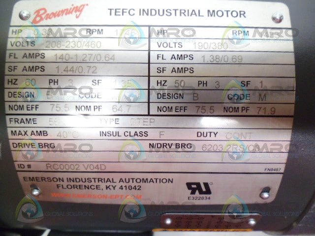 BROWNING CBN30125B3 INDUSTRIAL MOTOR .33HP 1746/1433RPM *NEW NO BOX*