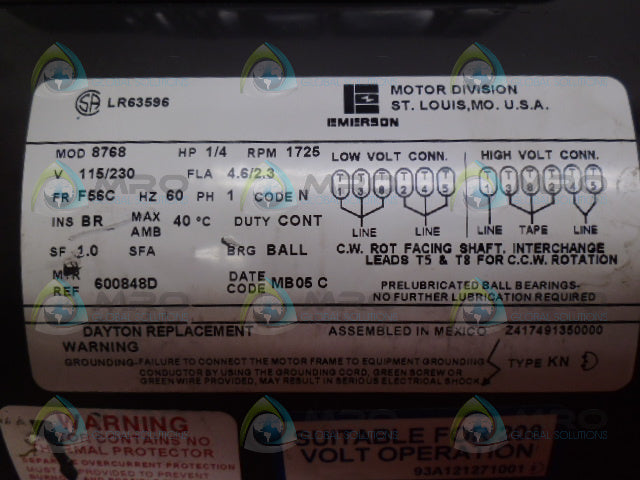 EMERSON 8768 MOTOR 1/4HP 1725RPM MOTOR *NEW NO BOX*