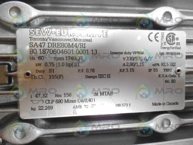 SEW EURODRIVE SA47DRE80M4/RI GEAR MOTOR *NEW NO BOX*