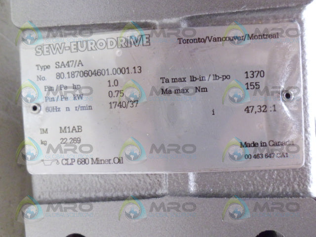 SEW EURODRIVE SA47DRE80M4/RI GEAR MOTOR *NEW NO BOX*