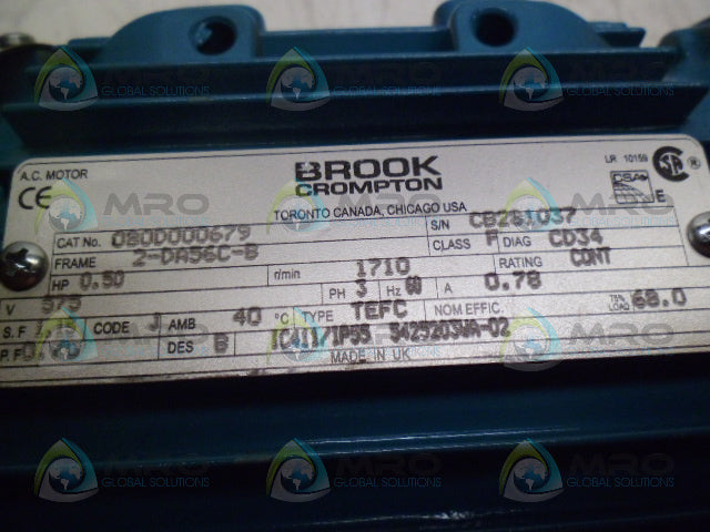 BROOK CROMPTON 020D000679 INDUCTIVE MOTOR .50HP 1710RPM MOTOR *USED*