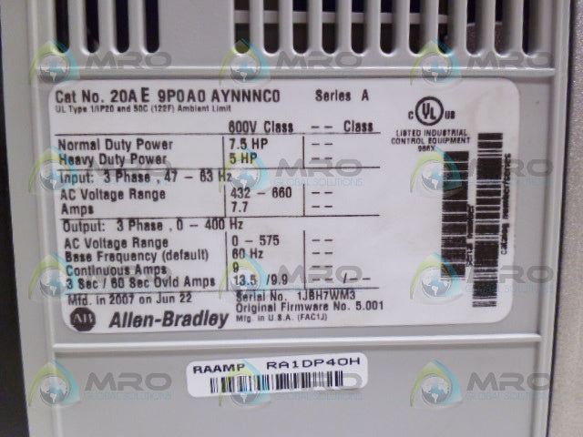 ALLEN BRADLEY POWERFLEX 70 20AE9POA0AYNNNC0 SER A DRIVE (REMAN) *NEW NO BOX*