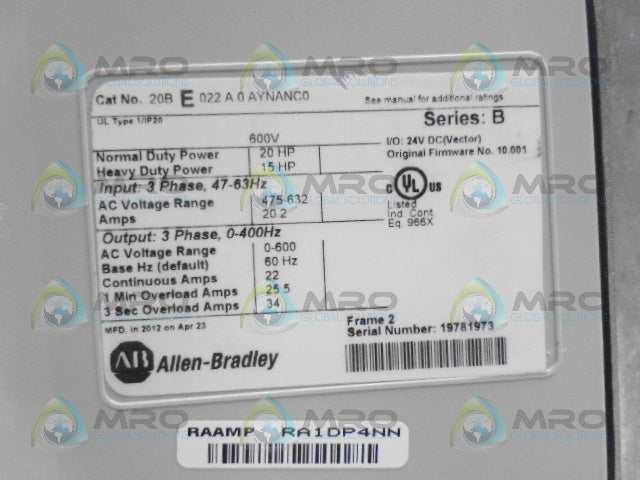 ALLEN BRADLEY POWERFLEX 70 20BE022A0AYNANC0 SER B AC DRIVE (REMAN)  *NEW NO BOX*
