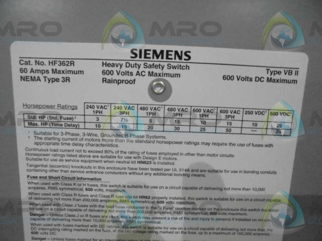 SIEMENS G80-085 (HF362R TYPE VB11) HEAVY DUTY SAFTEY SWITCH *NEW IN BOX*
