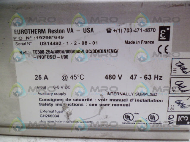 EUROTHERM TE300 25A/480V/000/0V5/LGC/3D/DIN POWER CONTROLLER*USED*