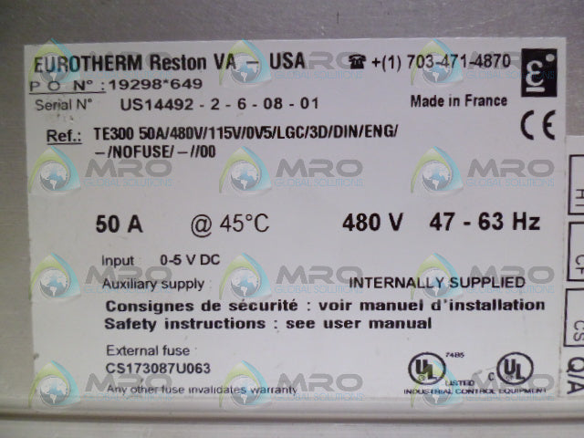 EUROTHERM TE300 50A/480V/115V/0V5/LGC/3D/DIN POWER CONTROLLER*USED*