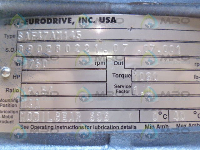 SEW EURODRIVE SAF47AM145 RIGHT ANGLE GEAR REDUCER RATIO 19.54 *NEW NO BOX*