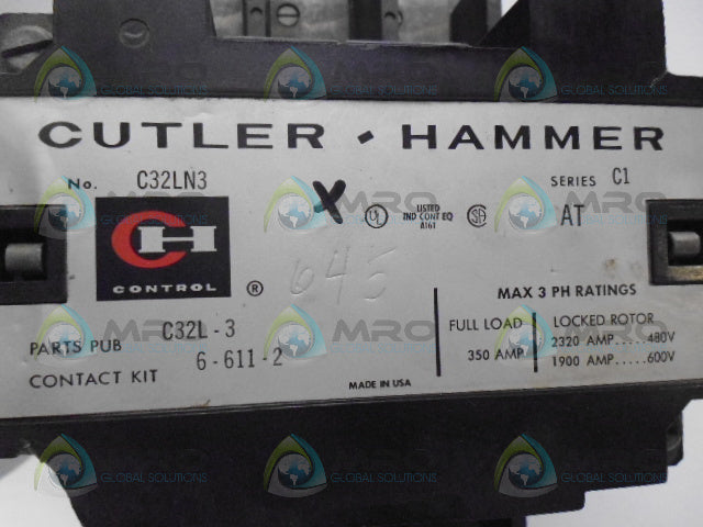 CUTLER HAMMER C32LN3 SER C1 CONTACTOR *USED*