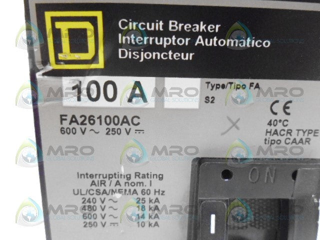 SQUARE D FA26100AC CIRCUIT BREAKER *USED*