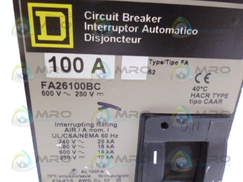 SQUARE D FA26100BC CIRCUIT BREAKER *NEW NO BOX*