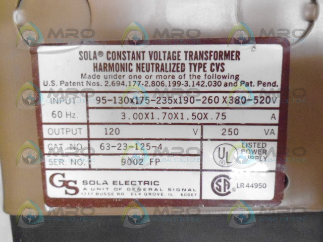SOLA 63-21-125-4 CONSTANT VOLTAGE TRANSFORMER *USED*
