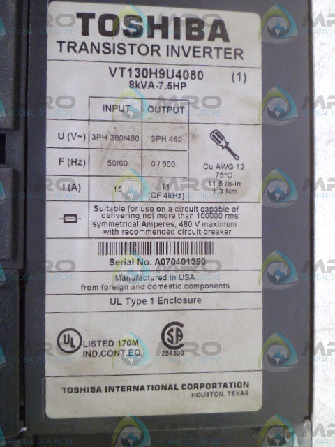 TOSHIBA VT130H9U4080 TRANSISTOR INVERTER *USED*