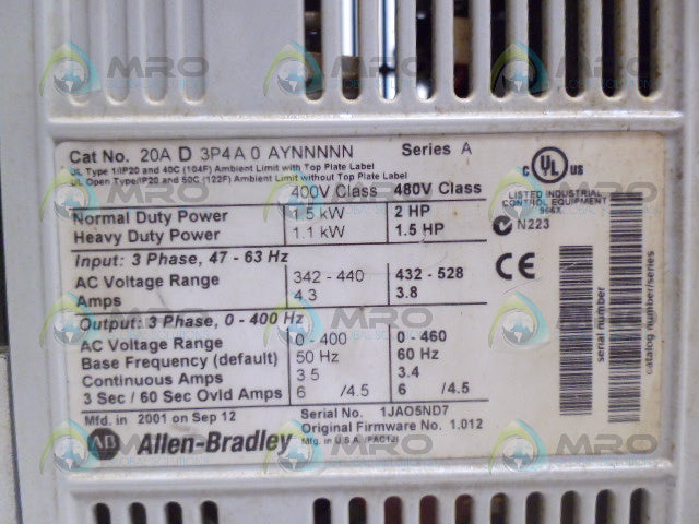 ALLEN BRADLEY 20AD3P4A0AYNNNNN SER A POWERFLEX 70 *USED*