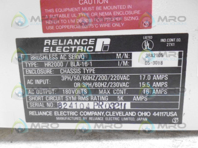RELIANCE 3RA2105 BRUSHLESS AC SERVO *USED*