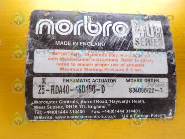 NORBRO 25-RDA40-1SD150-D 40R SERIES PNEUMATIC ACTUATOR *USED*