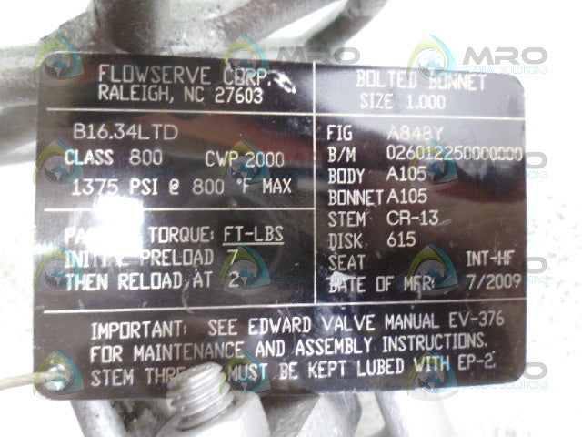 FLOWSERVE A848Y SOCKET WELD GATE VALVE 1" *NEW NO BOX*