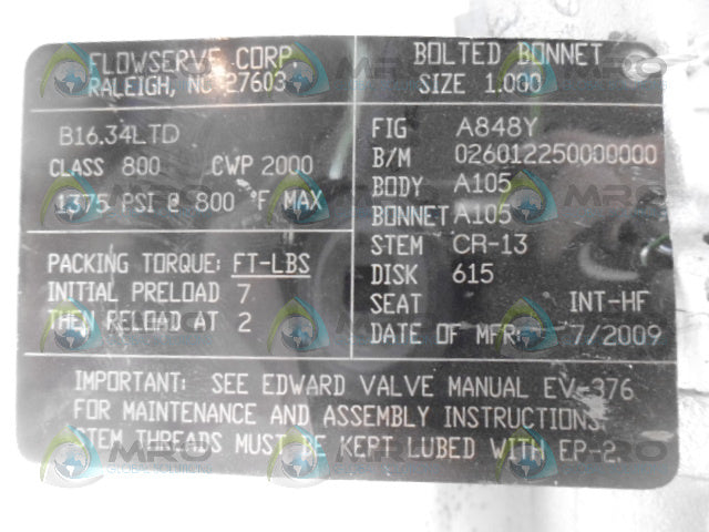 FLOWSERVE A848Y SOCKET WELD GATE VALVE 1"  (AS PICTURED) *NEW NO BOX*