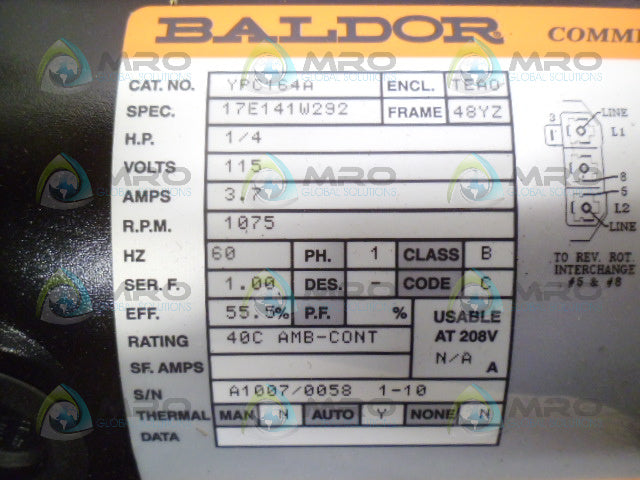 BALDOR YPC164A COMMERCIAL MOTOR 1/4HP 1075RPM *NEW IN BOX*