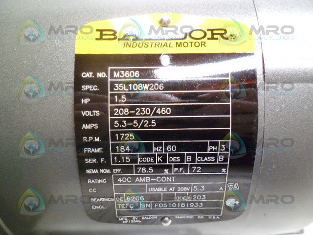 BALDOR M3606 INDUSTRIAL MOTOR 1.5HP 1725RPM *NEW NO BOX*