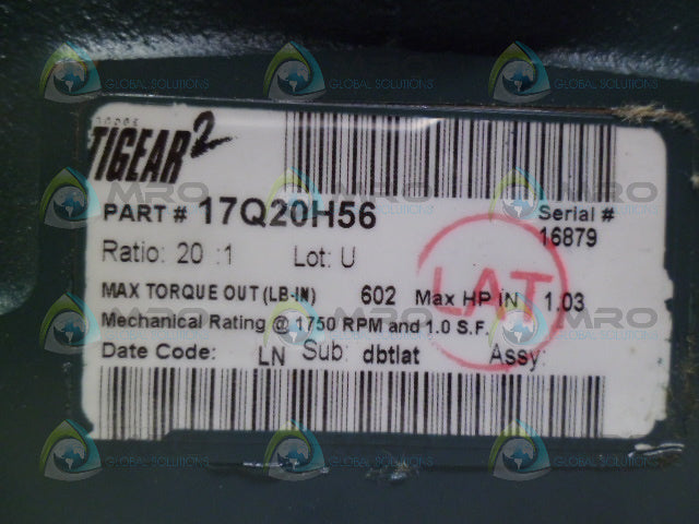 DODGE 17Q20H56 RATIO 20:1 TIGEAR 2 REDUCER *NEW IN BOX*