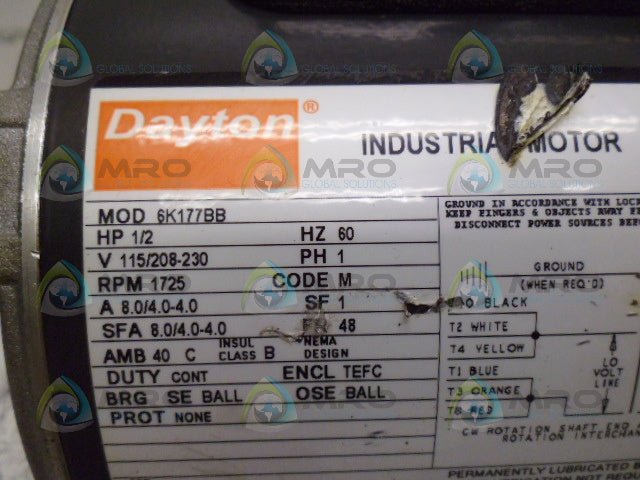 DAYTON 6K177BB INDUSTRIAL MOTOR 1/2 HP 1725 RPM *NEW NO BOX*