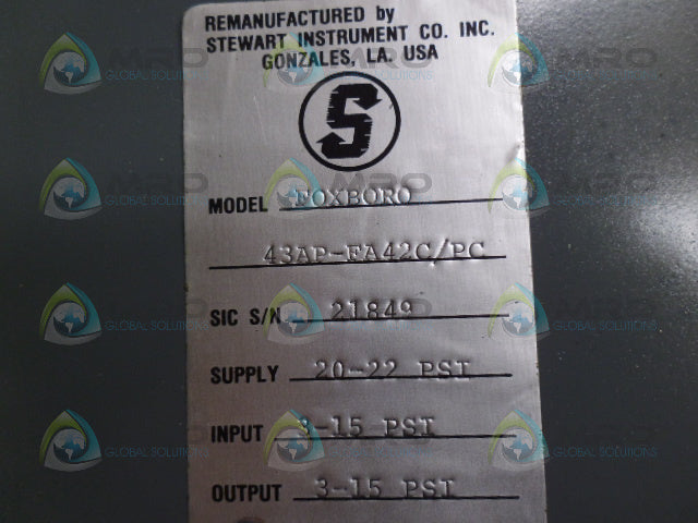 FOXBORO 43AP-FA42C/PC PNEUMATIC CONTROLLER 20-22 PSI (REMANUFACTURED) *USED*
