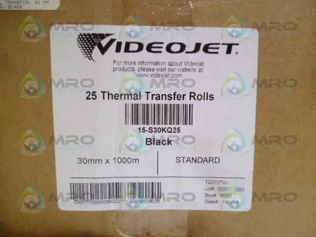 VIDEOJET 15-S30KQ25 THERMAL TRANSFER ROLLS (PKG OF 25) *FACTORY SEALED*
