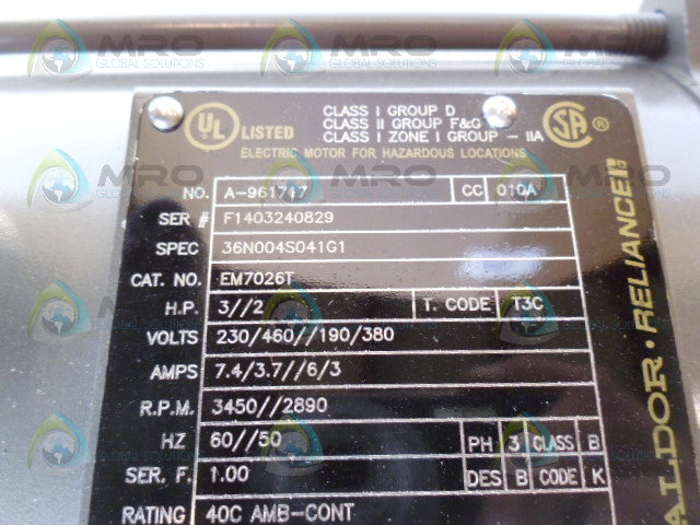 BALDOR EM7026T ELECTRIC MOTOR 3//2 HP 3450//2890 RPM *NEW NO BOX*