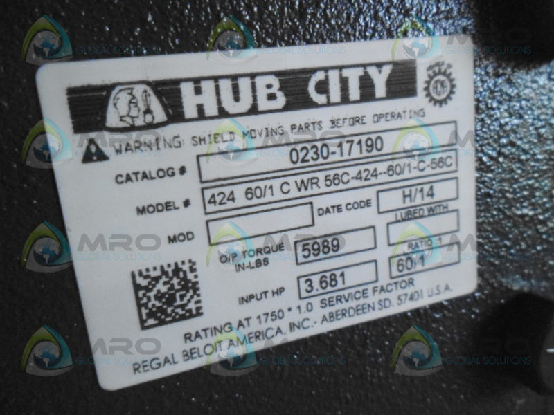 HUB CITY 0230-17190 424 WORM GEAR DRIVE 3.681 HP 60/1:1 *NEW NO BOX*