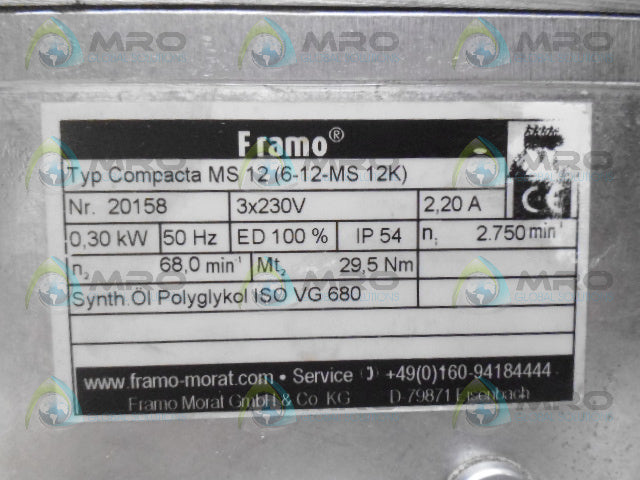 FRAMO COMPACTA MS12 6-12-MS12K GEAR MOTOR *USED*