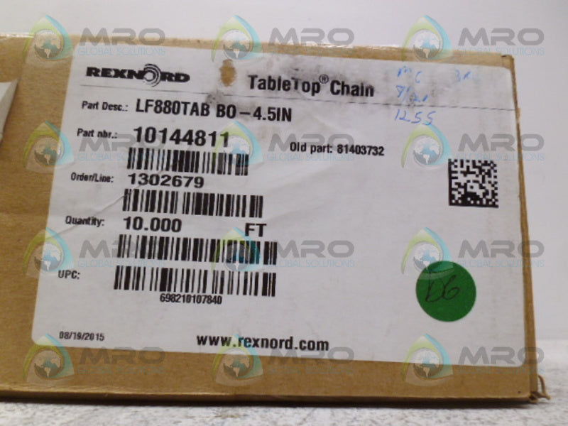REXNORD 10144811 81403732 LF880TABBO-4.5IN TABLE TOP CHAIN 10FT *NEW IN BOX*