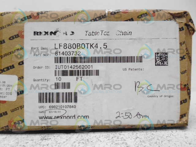 REXNORD 81403732 LF880B0TK4.5 TABLE TOP CHAIN 10FT *FACTORY SEALED*