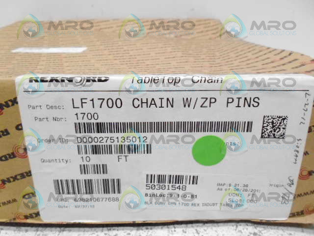 REXNORD 1700 LF1700CHAIN WITH ZP PINS TABLE TOP CHAIN 10FT *FACTORY SEALED*