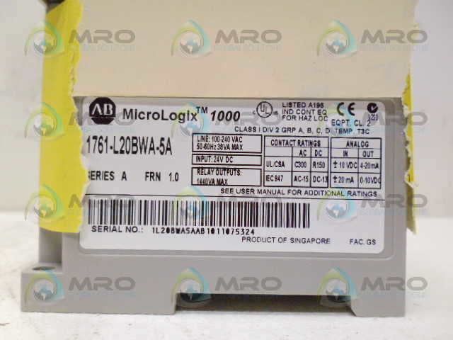 ALLEN BRADLEY MICRLOGIX 1000 1761-L20BWA-5A SER. A F/W 1.0 *NEW IN BOX*